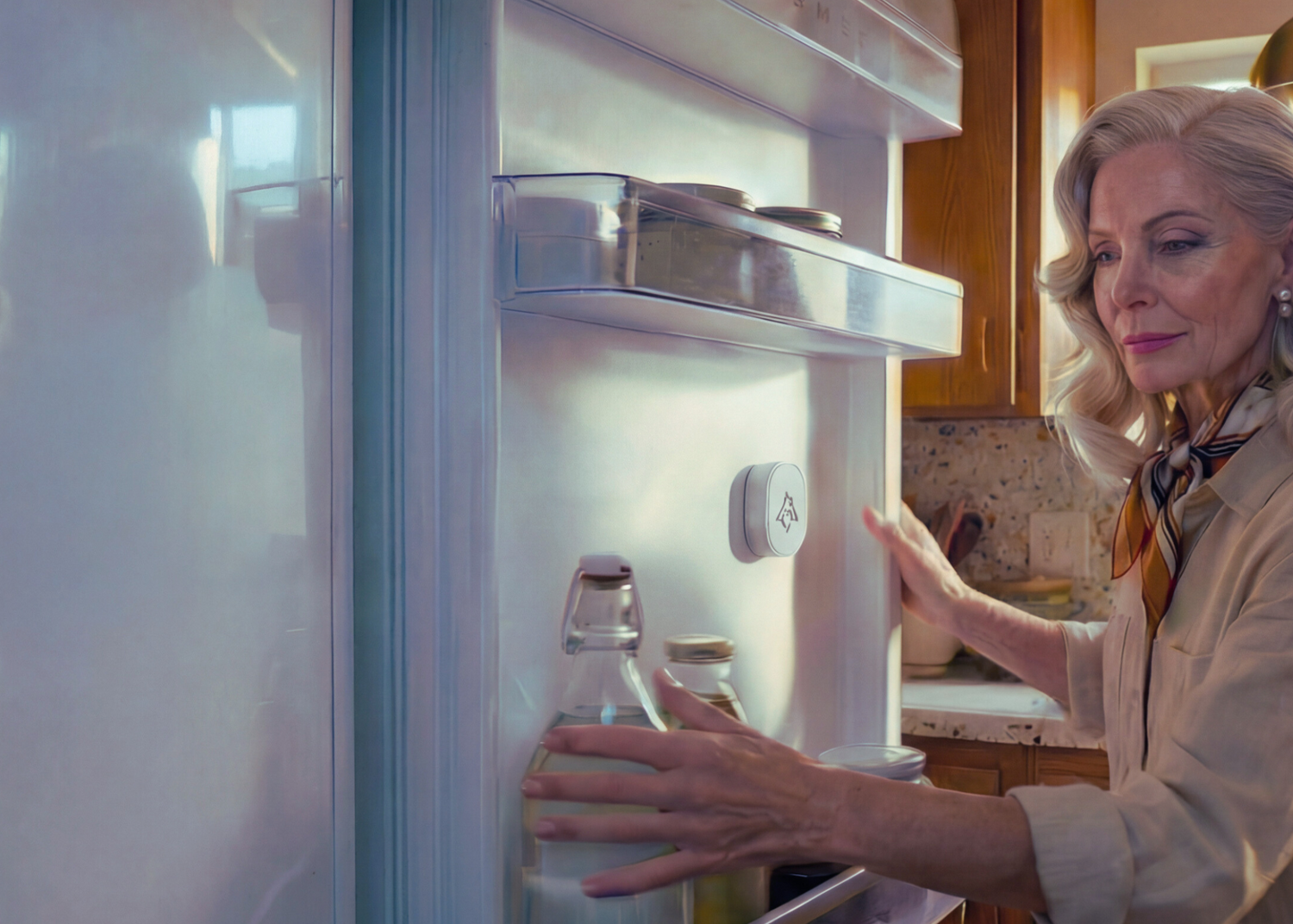 Woman in a kitchen reaching into an open refrigerator.