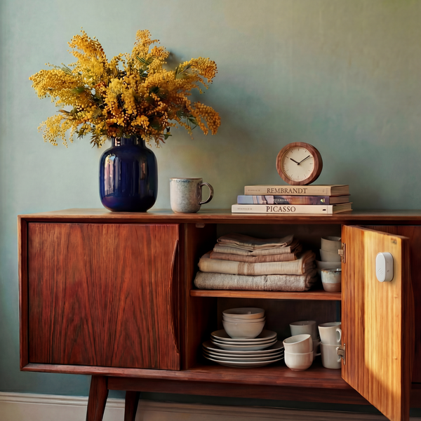 Wooden sideboard with decorative items against a green wall
