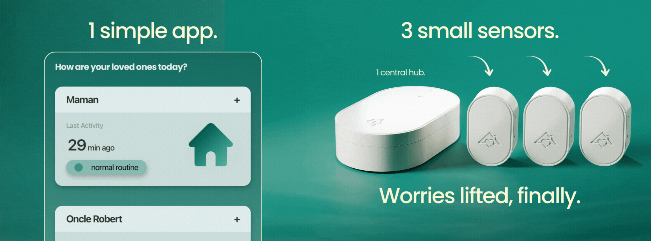 Visual of the Zensor Care smartphone app alongside the sensor hub and devices, illustrating real-time activity updates for families.
